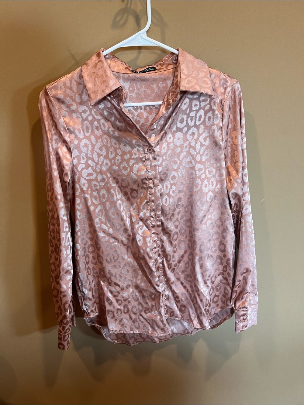 Satin Leopard-Print Button Down Shirt - Blush Pink